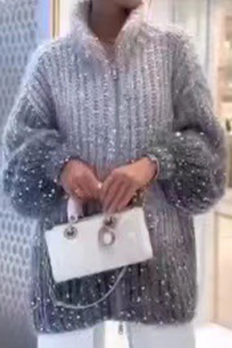hulianfu Casual Celebrities Elegant Sequins Turndown Collar Sweaters(3 Colors) - Deanwangkt