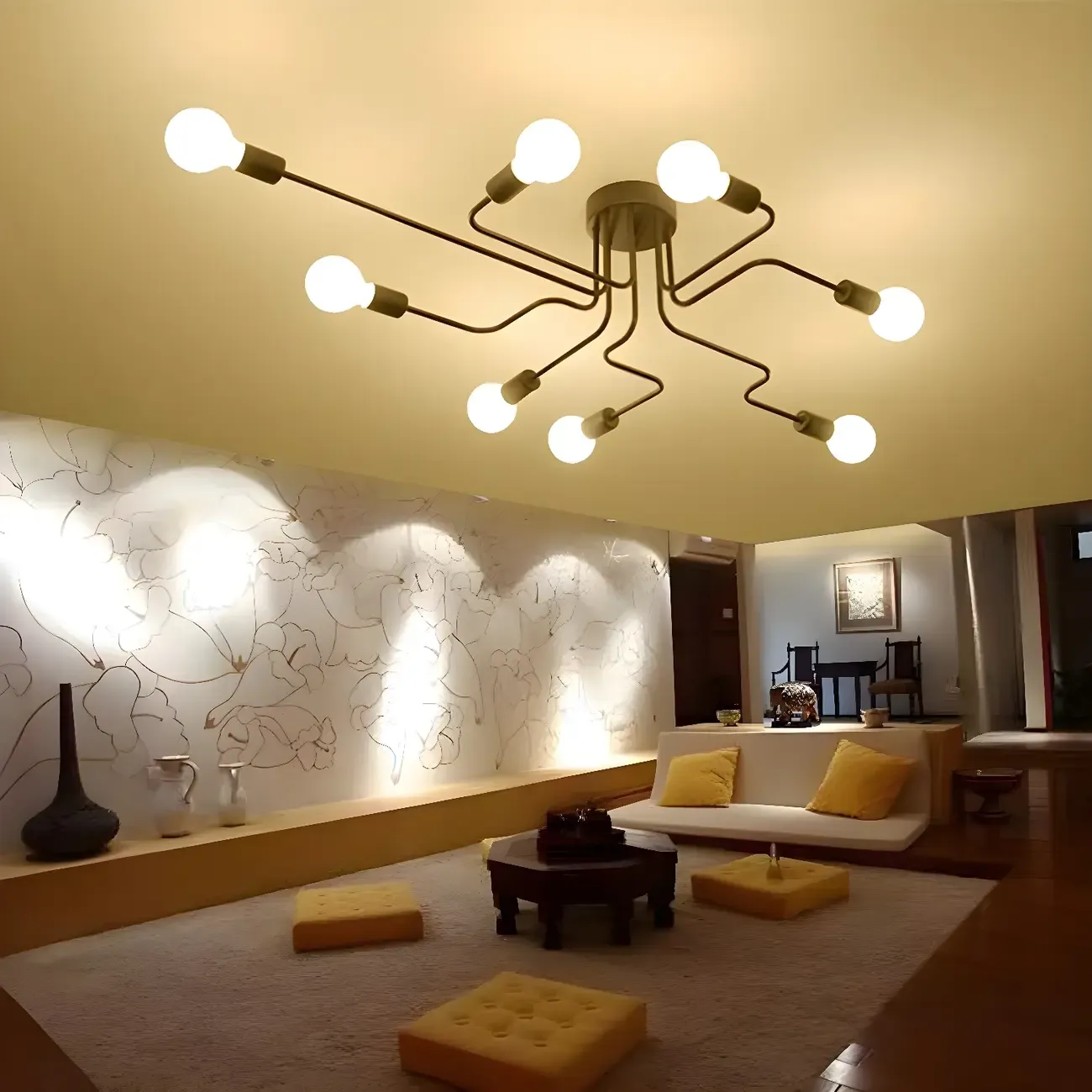 Industrial Sputnik Black Cast Iron Semi Flush Mount Ceiling Light