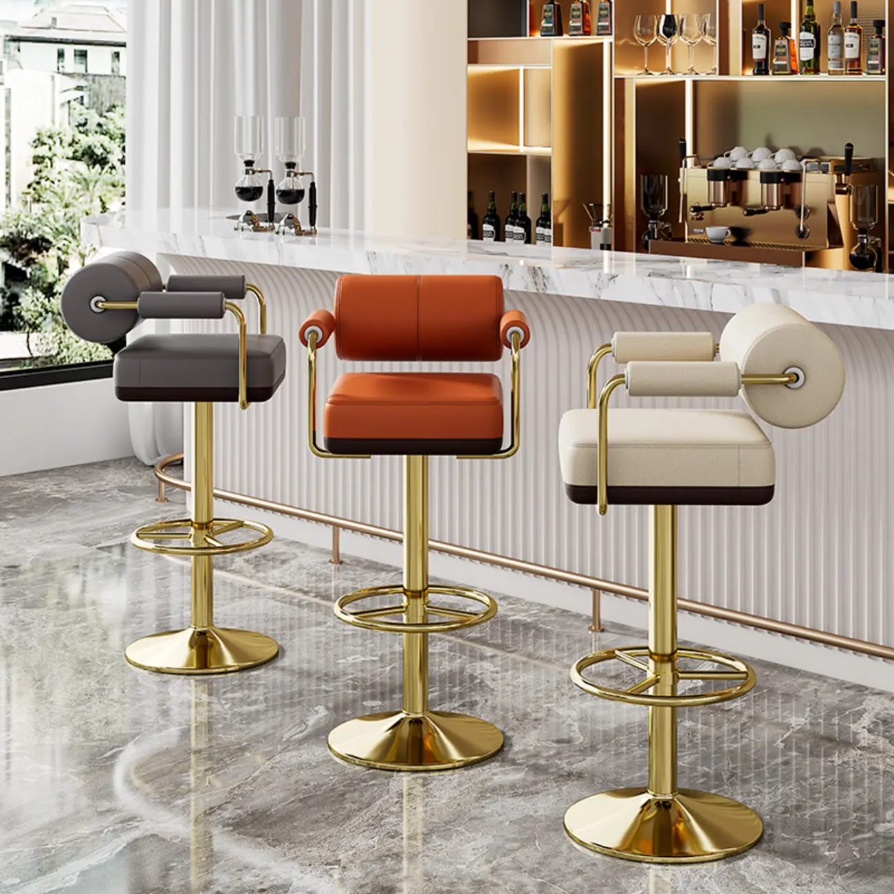 Square Adjustable Leather Gold Legs Swivel Bar Stools