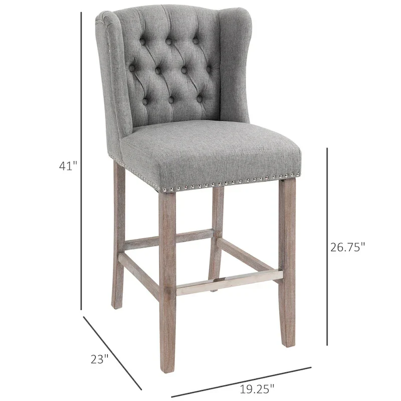 HOMCOM 2 Piece Counter Height Barstools Kitchen Breakfast Stools with Nailhead-Trim and Tufted Back, Solid Wood Legs