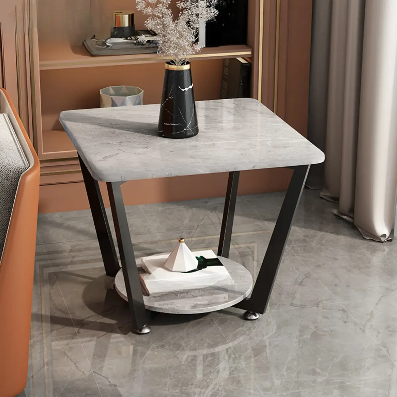 Gray Square Marble Top Modern End Table with Storage