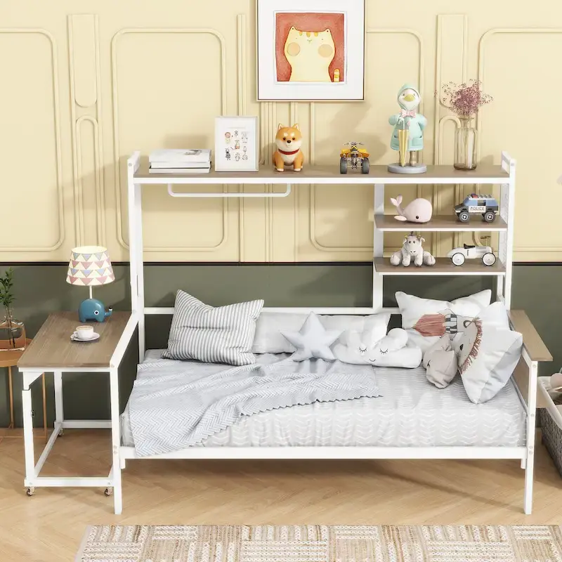 Versatile Daybed with Movable Desk, Metal Sofa Bed Frame with Metal Grid, Shelves and Clothes Hanger, No Box Spring Needed