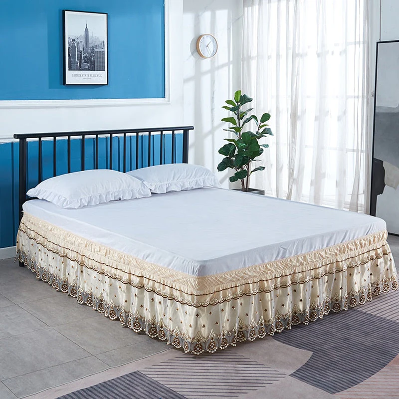 HULIANFU Top Selling Delicate Double Layers Luxury Stereoscopic Embroidered Flowers Lace Ruffle Bed Skirts with Strong Elastic Bed Cover - Deanwangkt