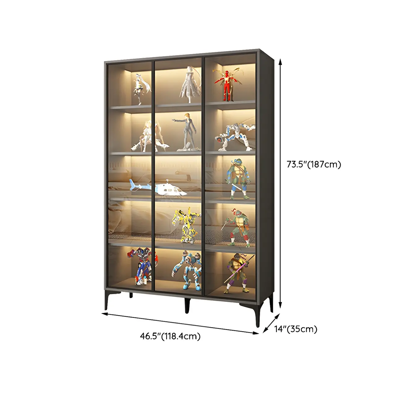 Freestanding Black Tempered Glass Wood Display Cabinet