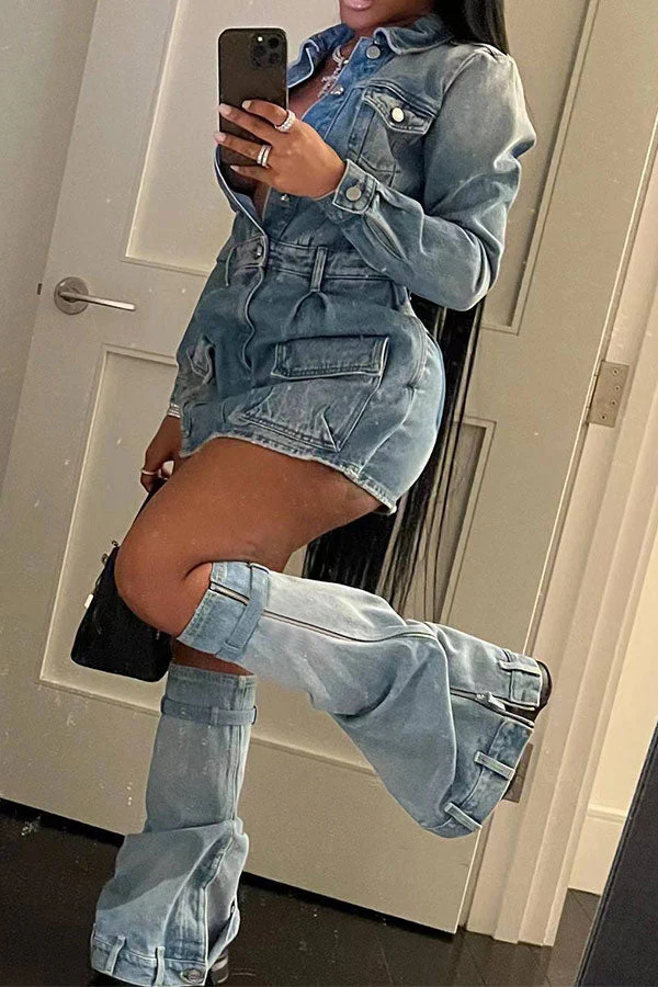 Washed Denim Casual Multi Pocket Mini Dress With Leg Warmers - Deanwangkt