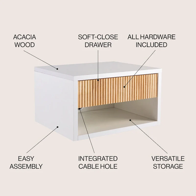 Ettore 15.71 Classic Contemporary Floating Wall Mounted Nightstand with Soft-Close Tambour Drawer and Cable Hole, by JONATHAN Y