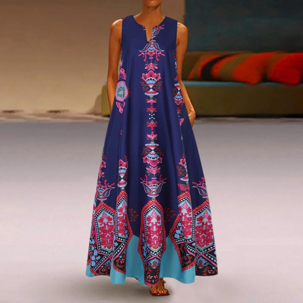Floral Print Boho Casual Long Dress Summer Clothes For Women V-neck Sexy Off Shoulder Ladies Dresses Plus Size Maxi Dress - Deanwangkt