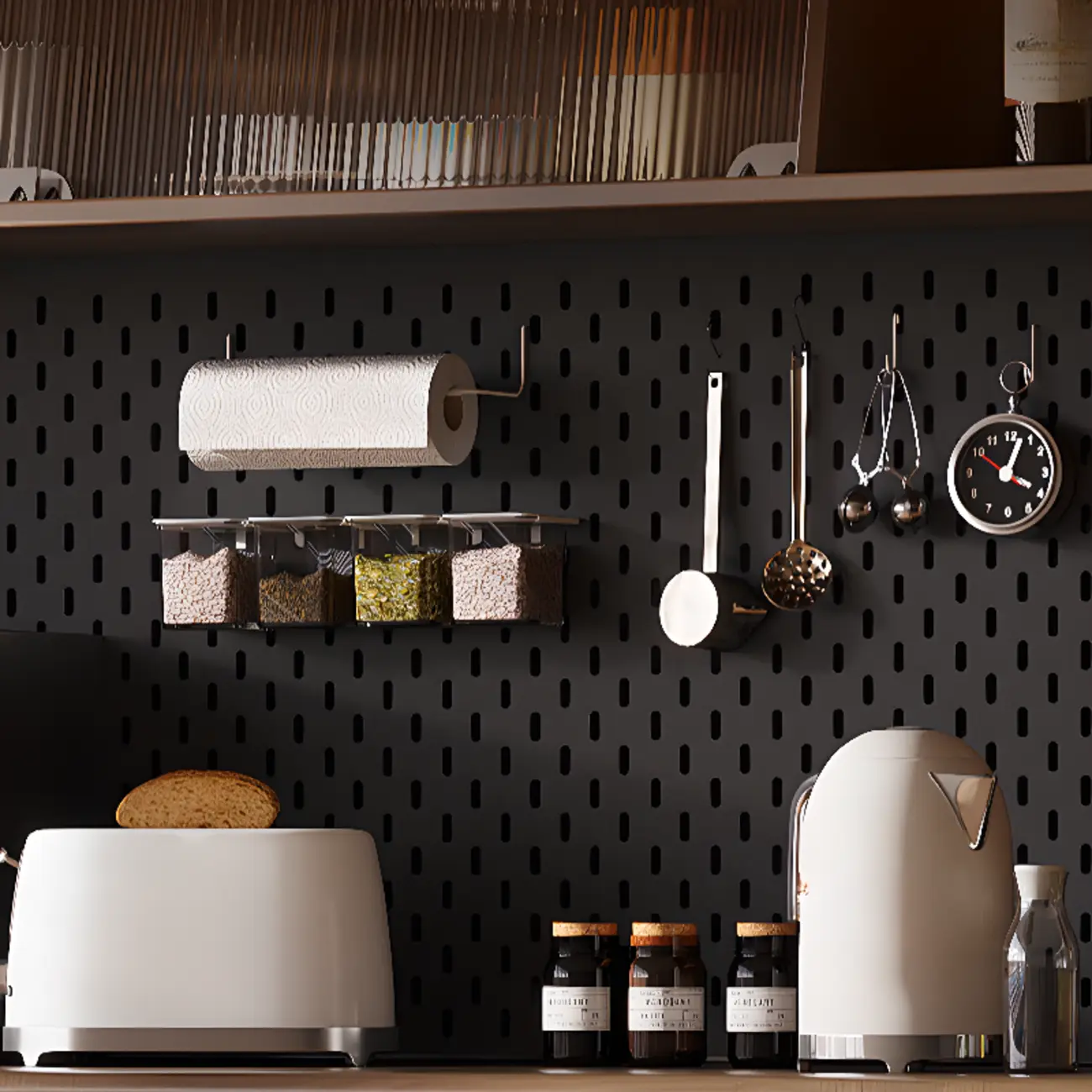 Kitchen Brown Wooden Hutch Top Sideboards with Pegboard Back