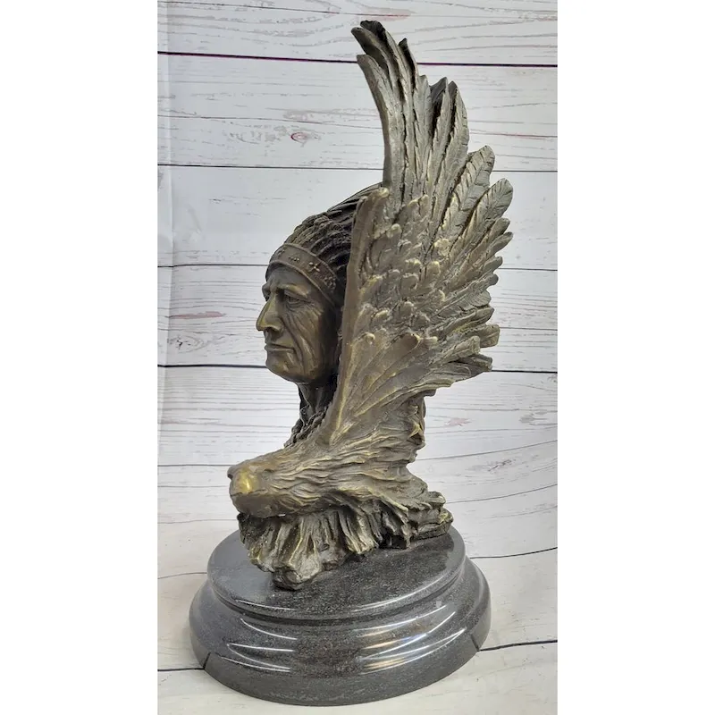 Native American Man Eagle Bronze Metal Bust Sculpture Statue On Marble Base