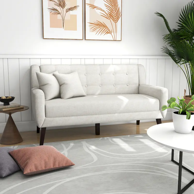 Tufted Linen/Cotton 2-Seater Sofa with Pillows