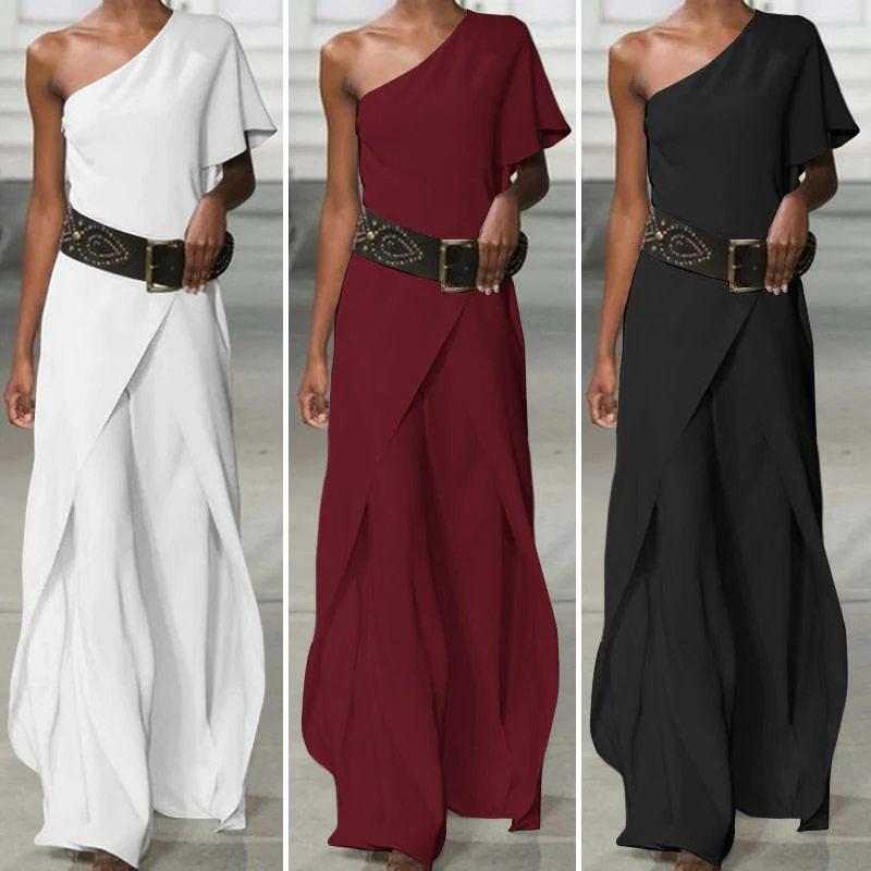 Hulianfu Sexy Ruffles Asymmetrical Solid Casual Overalls Holiday Rompers Women Long Jumpsuits Summer Playsuits Plus Size 5XL - Deanwangkt