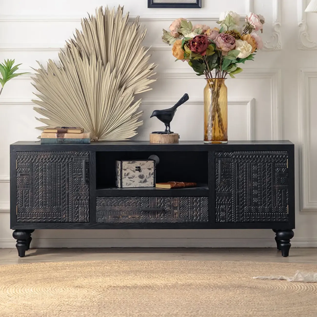 Mid-Century Rectangle Black Distressed Wood Carved Cabinet