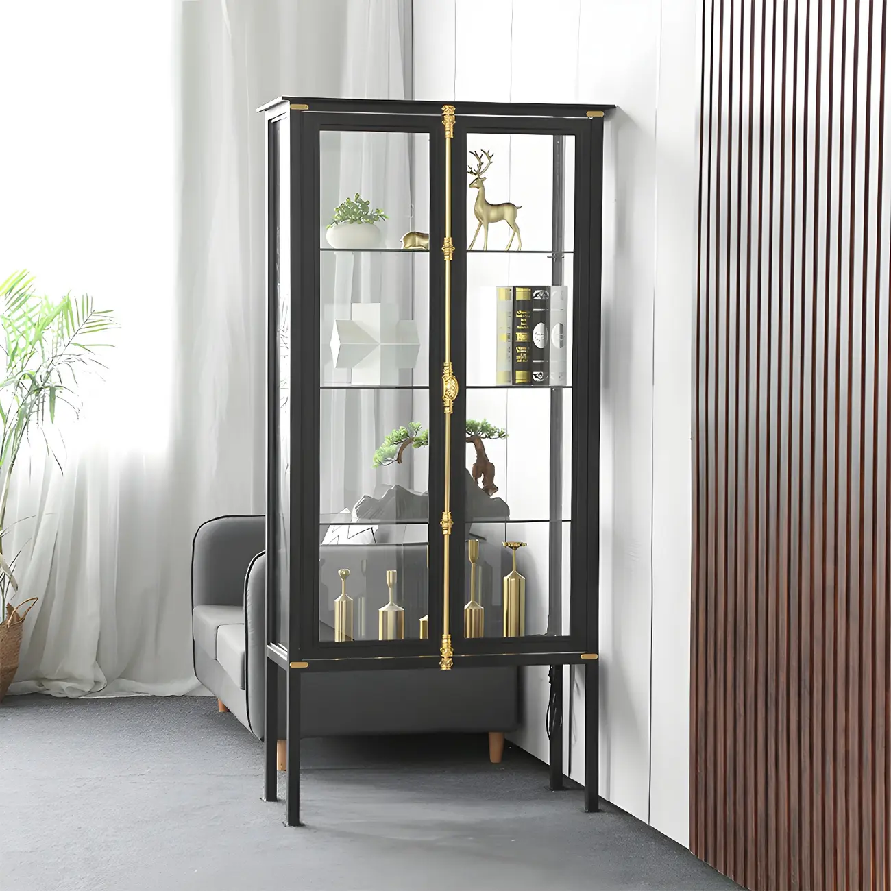 Glam Black Metal Frame Glass Curio Cabinet