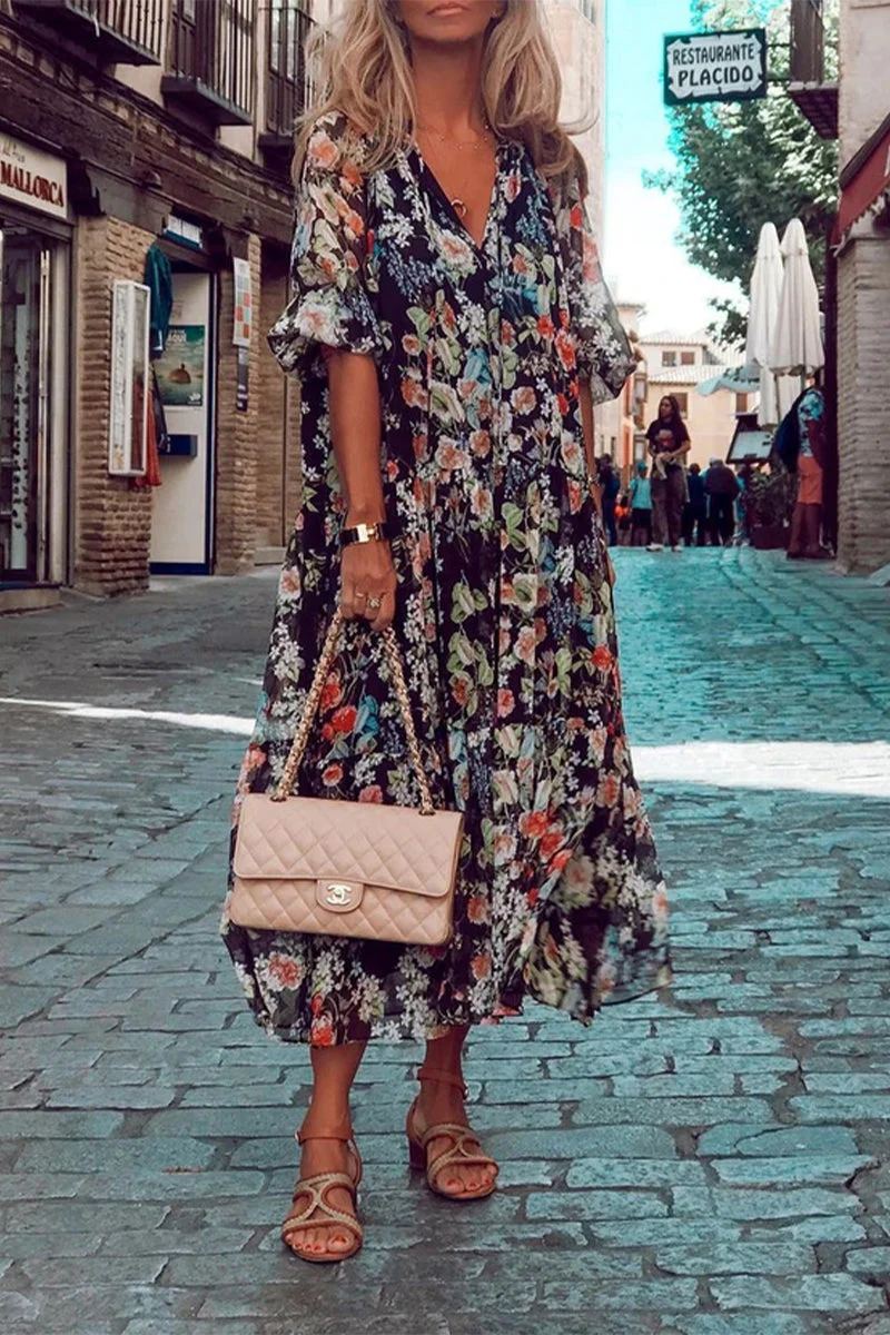 hulianfu Casual Print Patchwork V Neck Cake Skirt Dresses - Deanwangkt
