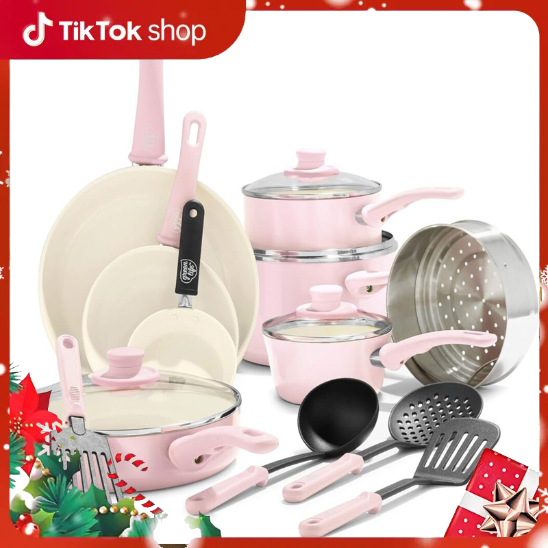 GreenLife 16 Piece Nonstick Cookware Set, Soft Grip Non-Toxic PFAS-Free Ceramic Pots & Pans, Dishwasher & Oven Safe, Frying, Sauce, Utensils, Glass Lids, Stay-Cool Handles, Wobble Free, Black & Cream