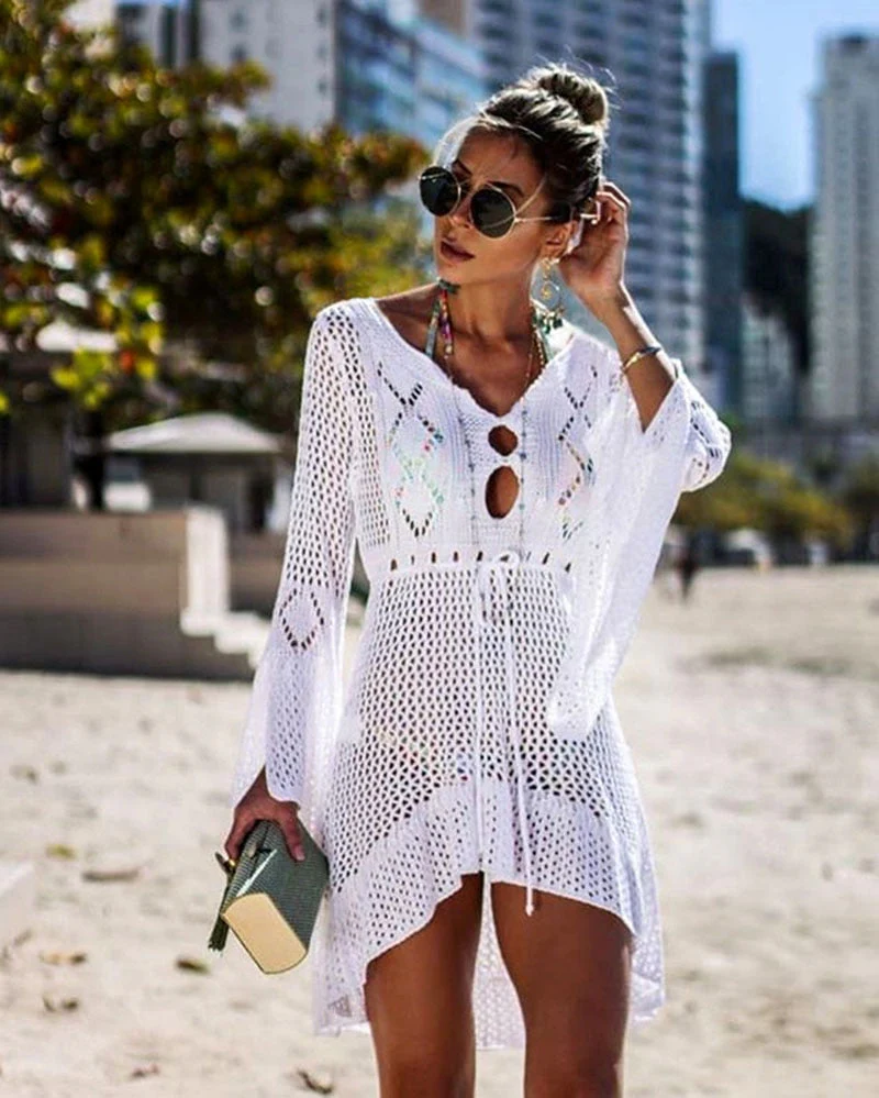Sexy Cover Up Bikini Women Swimsuit Cover-up Beach Bathing Suit Beach Wear Knitting Swimwear Mesh Beach Dress Tunic Robe - Deanwangkt