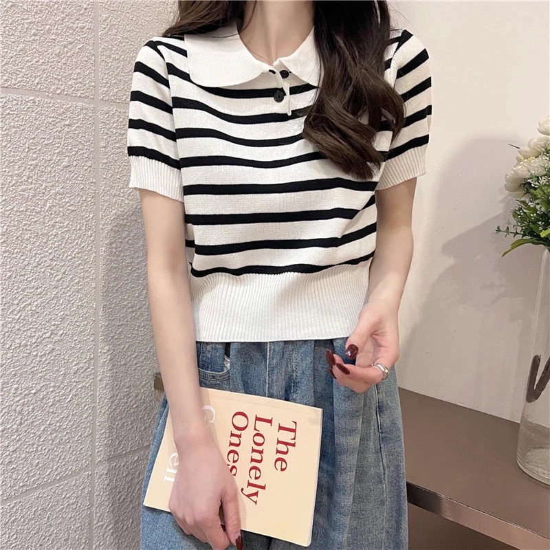 Hulianfu Summer Vintage Striped Polo Collar T Shirts Women's Knitted Short Sleeve Thin Cropped Tshirt Crop Top For Slim Girls - Deanwangkt