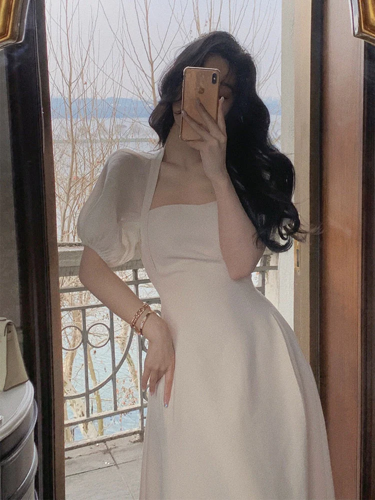 Hulianfu Puff Sleeve Women Elegant Casual Halter Midi Dress Evening Short Sleeve A-Line Party Vestidos Female Fashion Clothes Summer - Deanwangkt