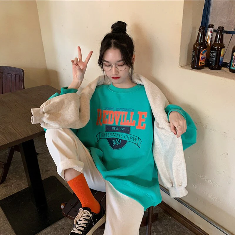 Autumn Women Fleece Letter Printed Pullover Sweatshirt Long Sleeve Casual Sports Lady Oversized Hoodie Korean Fashion - Deanwangkt