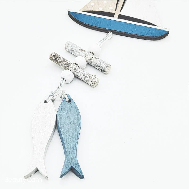 HULIANFU Wooden Fish Sailboat Rudder Hanging Decoration Beach Theme Wall Decor Door Crafts Wind Chimes Ornament Nautical Pendants Gifts - Deanwangkt
