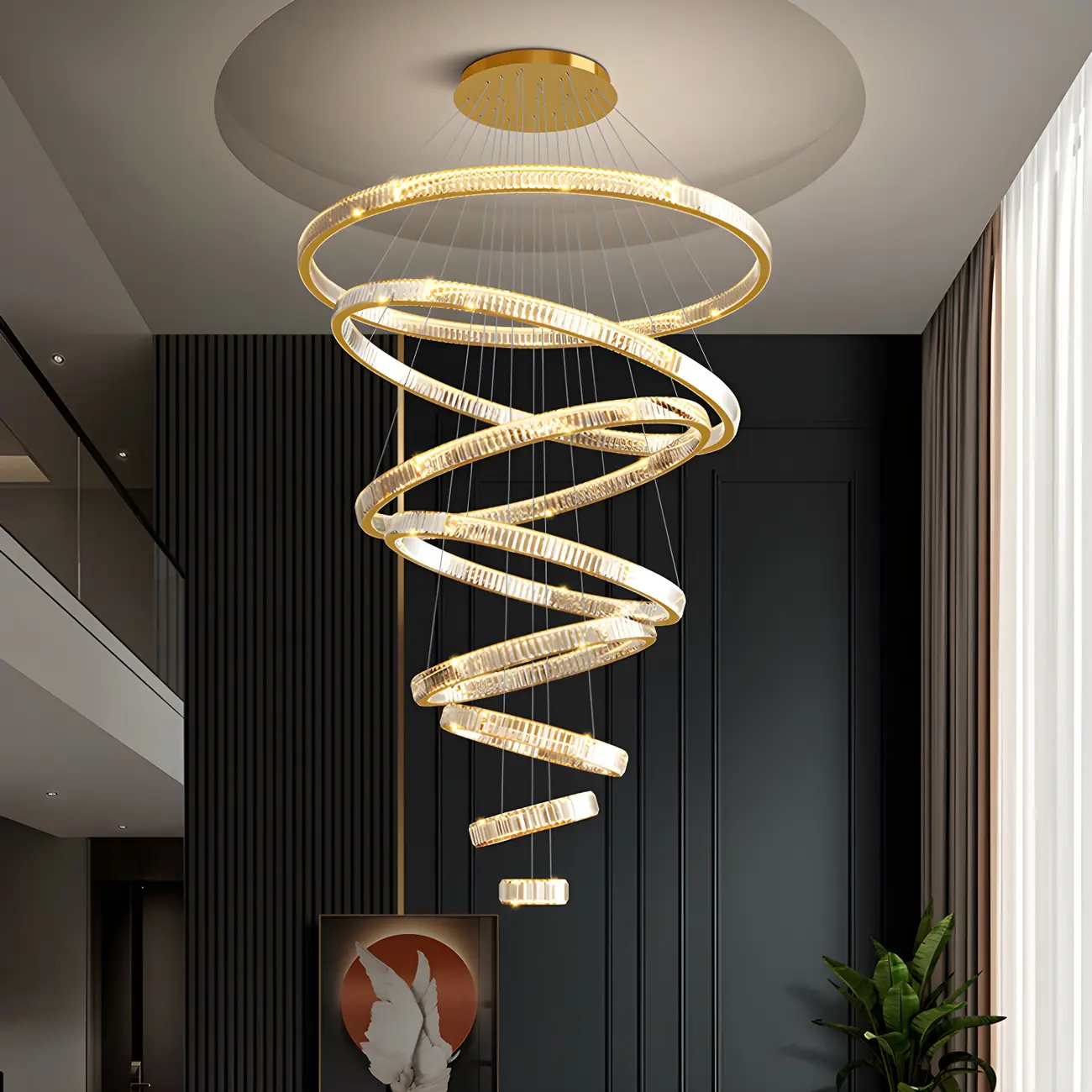 Gold Spiral Ring Crystal Tier Chandelier Modern Remote LED