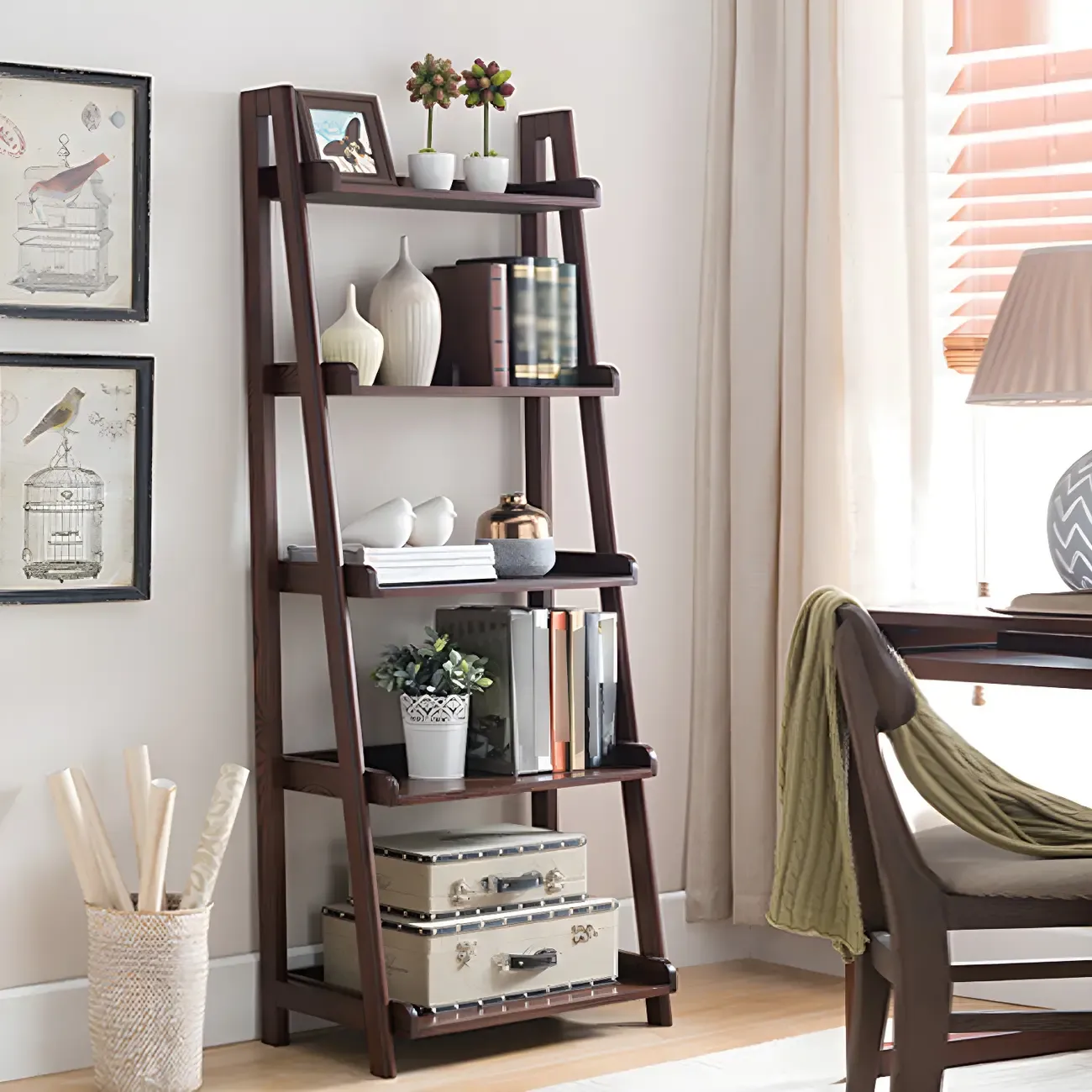 Narrow Wood Open Back Vertical Ladder Bookshelf