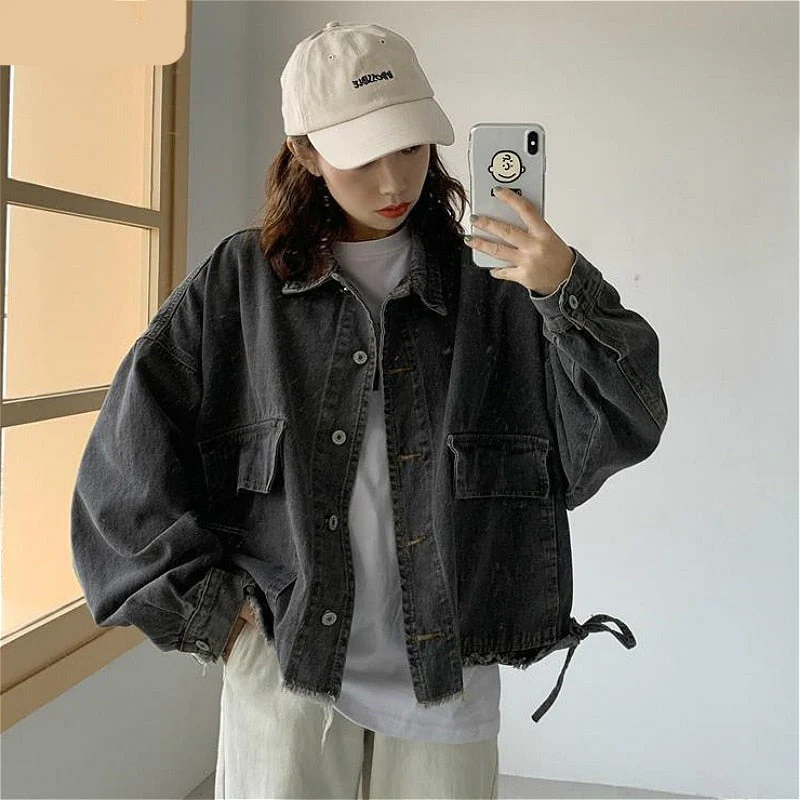 Hulianfu Basic Jackets Women Spring Chic Denim Harajuku Baggy Youth Female Short Outwear Korean Tassel All-match Preppy Girl Streetwear - Deanwangkt