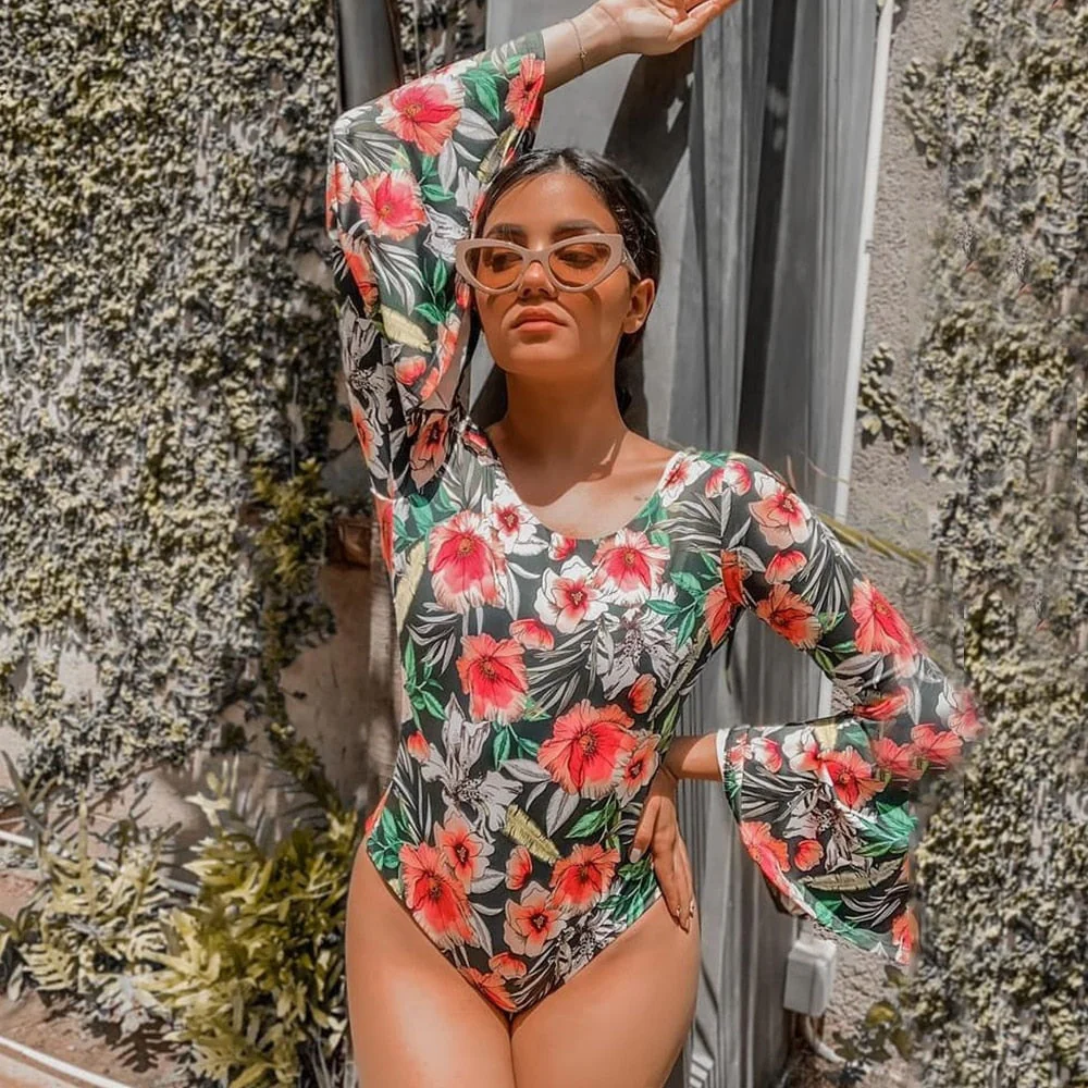 Long Sleeve Print Floral New One Piece Swimsuit Swimwear Women Bathing Suit Backless Swimsuit Vintage Surfing Swim Suit - Deanwangkt