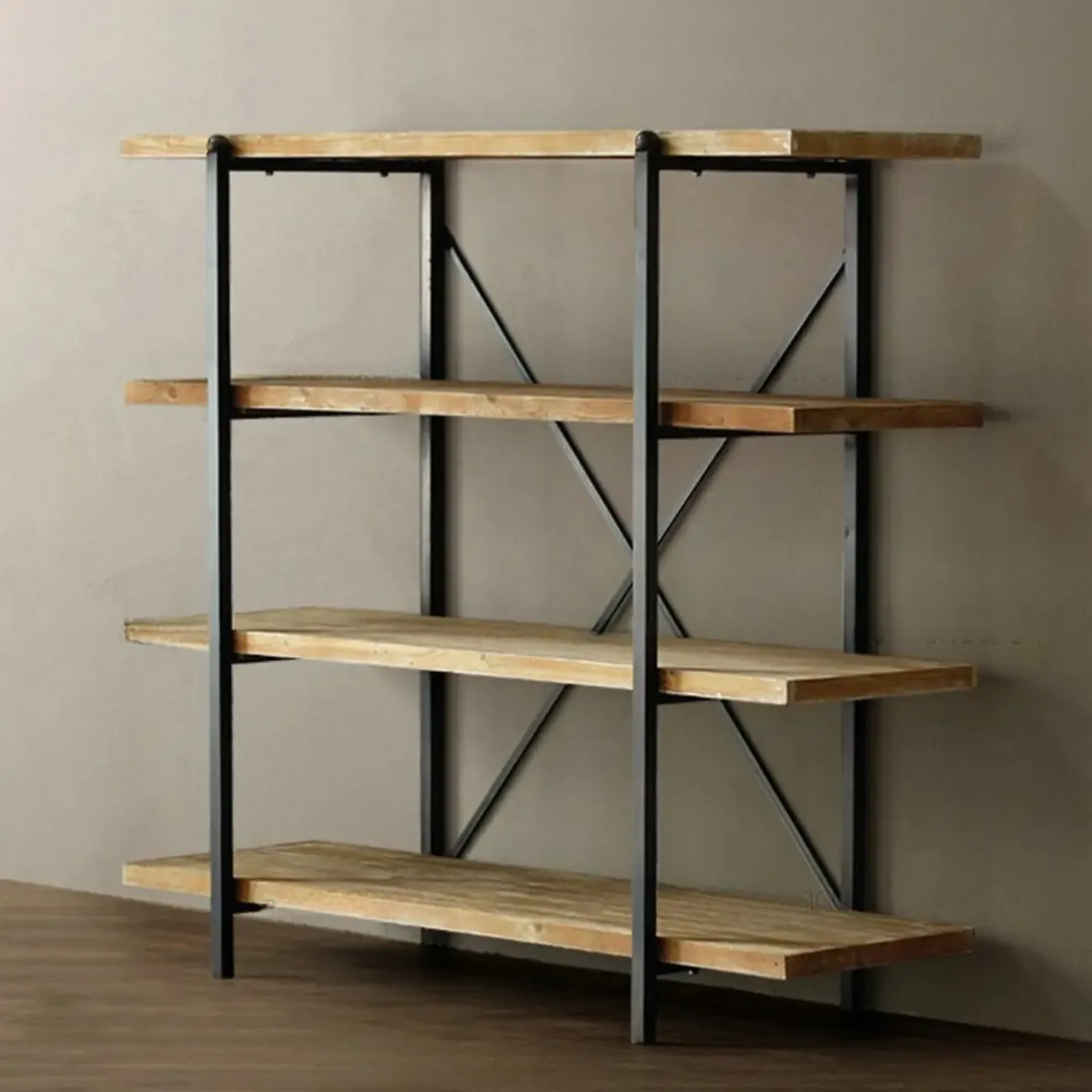Industrial Wooden Metal Wall Bookshelf 4-Tier
