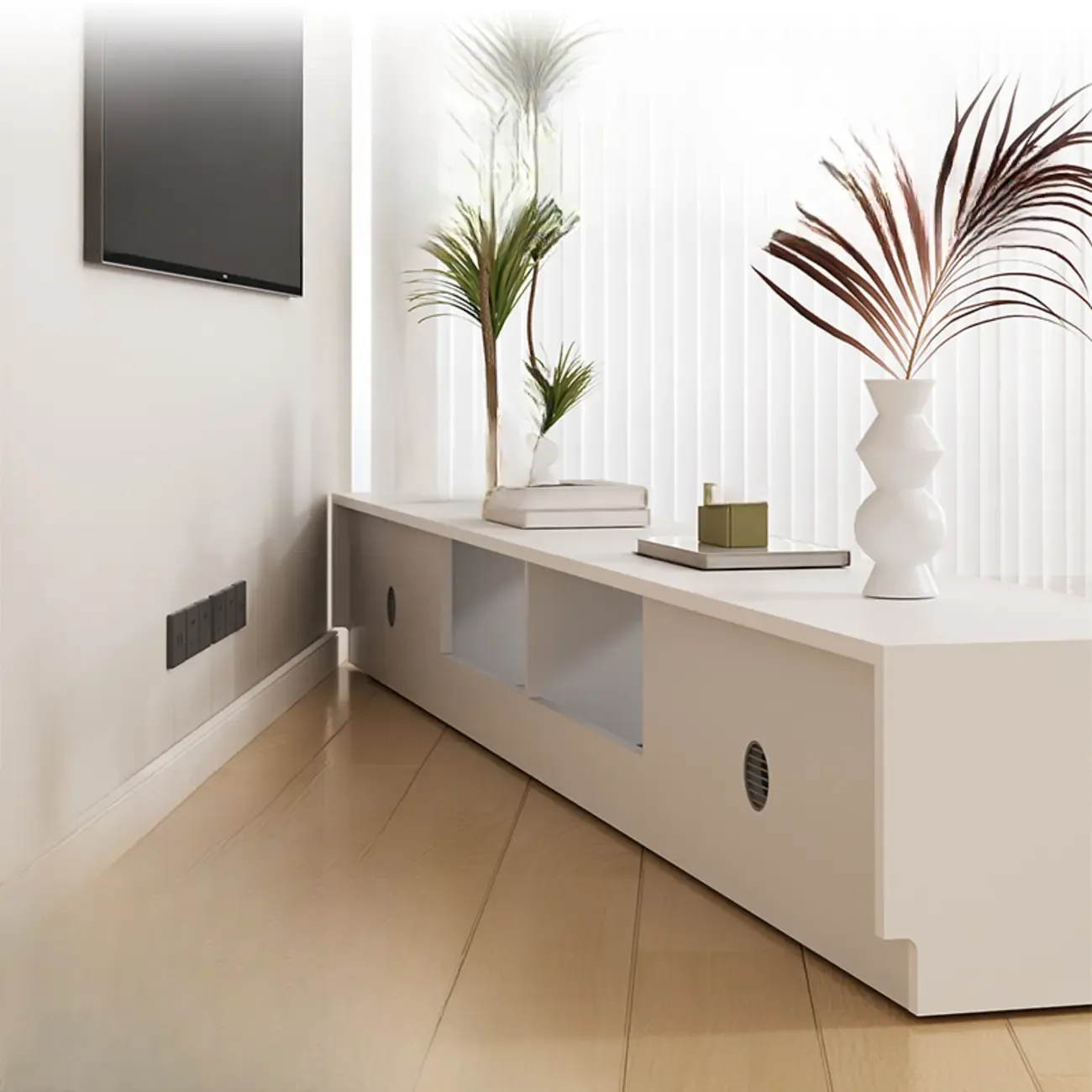 Modern White Wood TV Stand with Cable Management