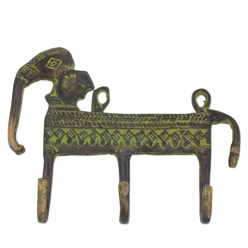 NOVICA Helpful Elephant, Brass coat rack - 6 x 12