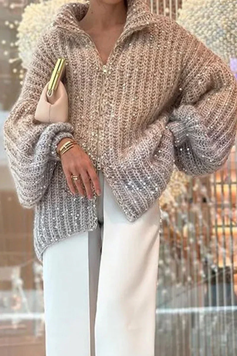 hulianfu Casual Celebrities Elegant Sequins Turndown Collar Sweaters(3 Colors) - Deanwangkt