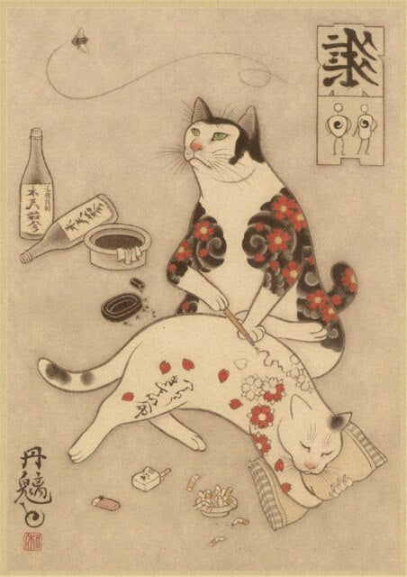 HULIANFU Japanese samurai cat tattoo cat vintage poster wall art sticker painting living room decoration bedroom print picture - Deanwangkt