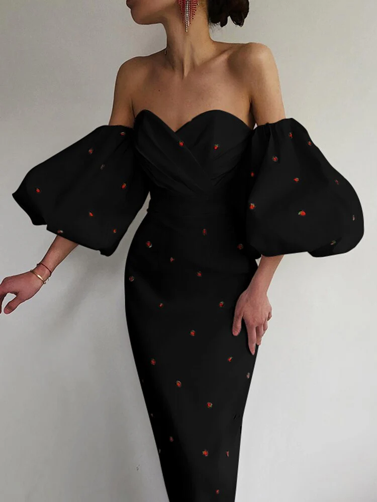 Hulianfu Elegant Women Vintage Dress Lantern Sleeve Strawberry Print Slash Neck Mid Calf Dresses Summer Sexy Casual Female - Deanwangkt
