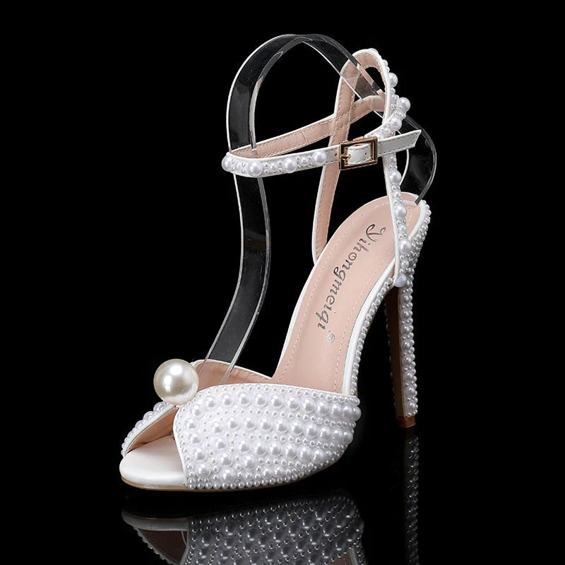 Women Sandals Fashion High Quality Wedding Shoes Women New Pearls Studs Luxury Peep Toe High Heels Buckle Woman Sandal 43 - Deanwangkt