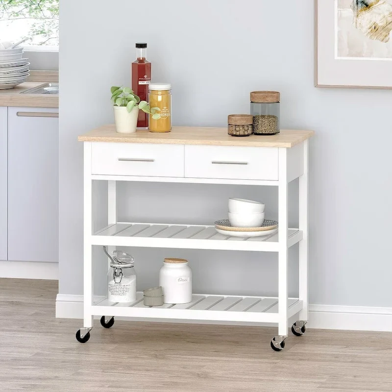 Modern White Wood Kitchen Cart with Wheels Drawers and Shelves by