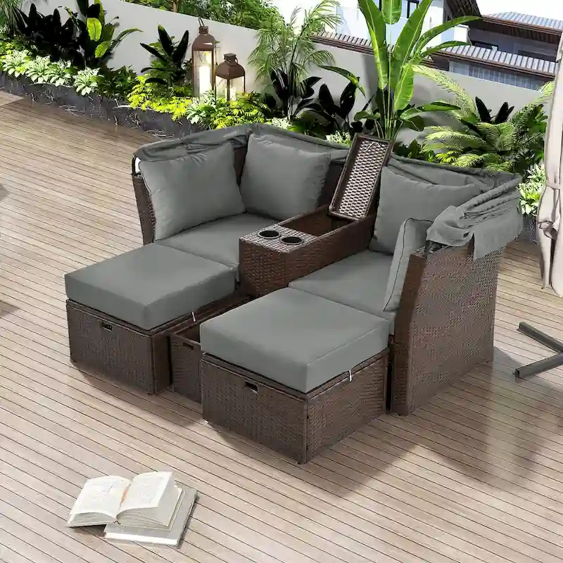 2-Seater Outdoor Patio Daybed Outdoor Double Daybed Outdoor Loveseat Sofa Set with Foldable Awning and Cushions for Garden