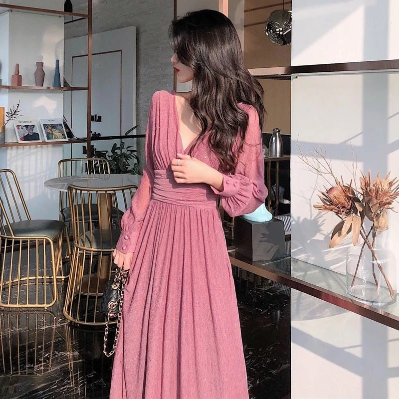 Hulianfu Vintage Sexy Maxi Dresses for Women Party Sequin Midi Dress Female Casual Chiffon Slim Korean Woman Dress Elegant Autumn - Deanwangkt
