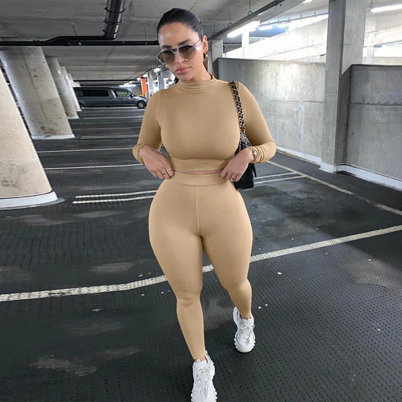 hulianfu Two Piece Sets Women Solid Autumn Tracksuits High Waist Stretchy Sportswear Hot Crop Tops And Leggings Matching Outfits - Deanwangkt