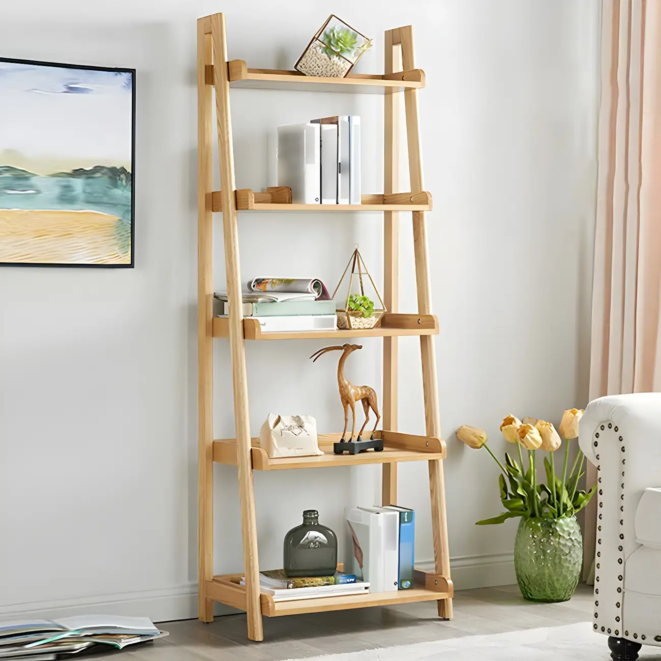 Narrow Wood Open Back Vertical Ladder Bookshelf