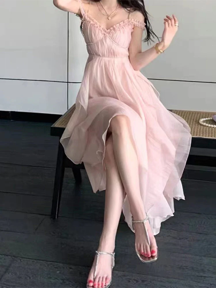 Hulianfu Harajuku French Korean Sweet V-Neck Camisole Sleeveless Sexy Strap Midi Maxi Dresses for Women Elegant Fairy Party Summer Pink - Deanwangkt
