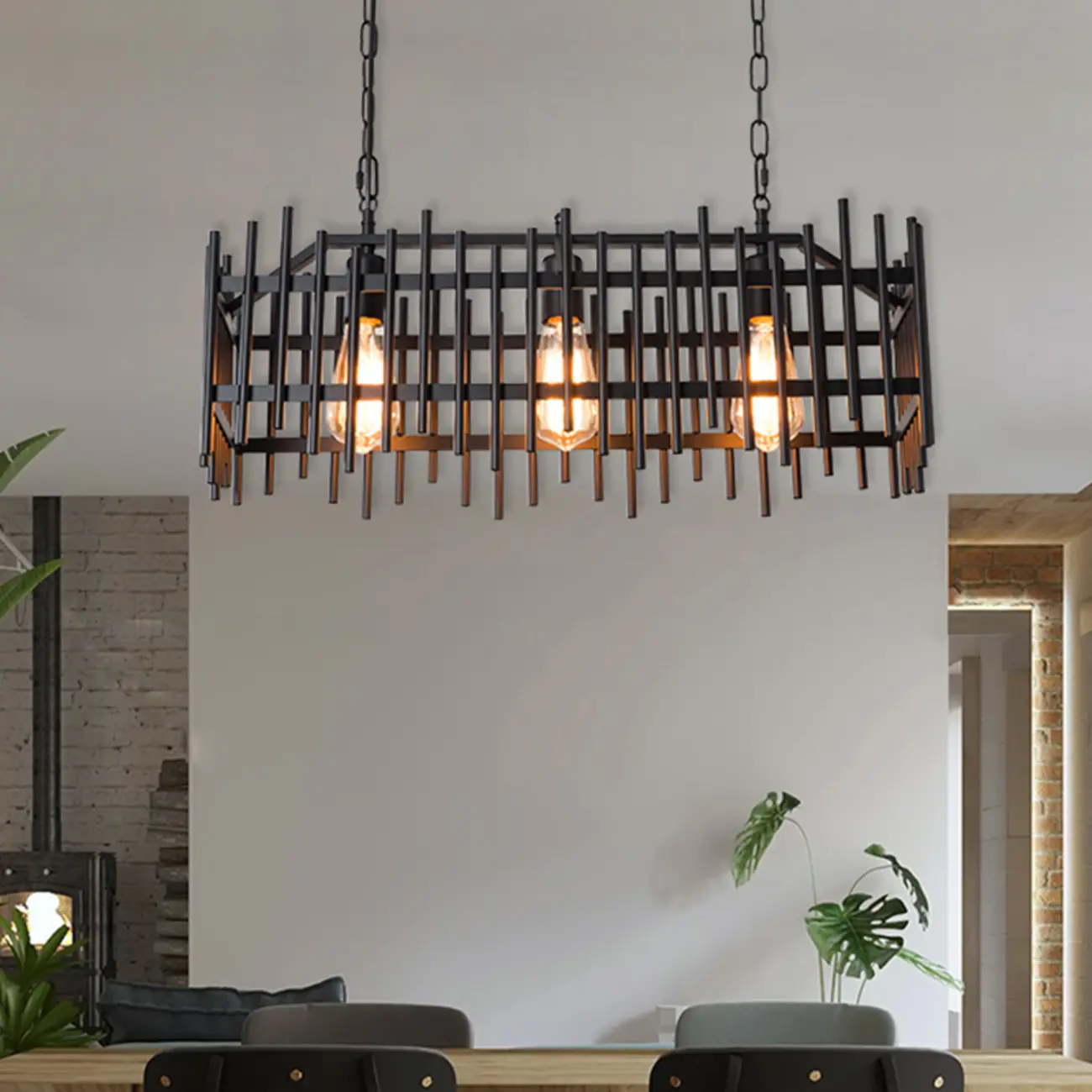 Industrial Rectangle Black 4-Light Kitchen Island Light