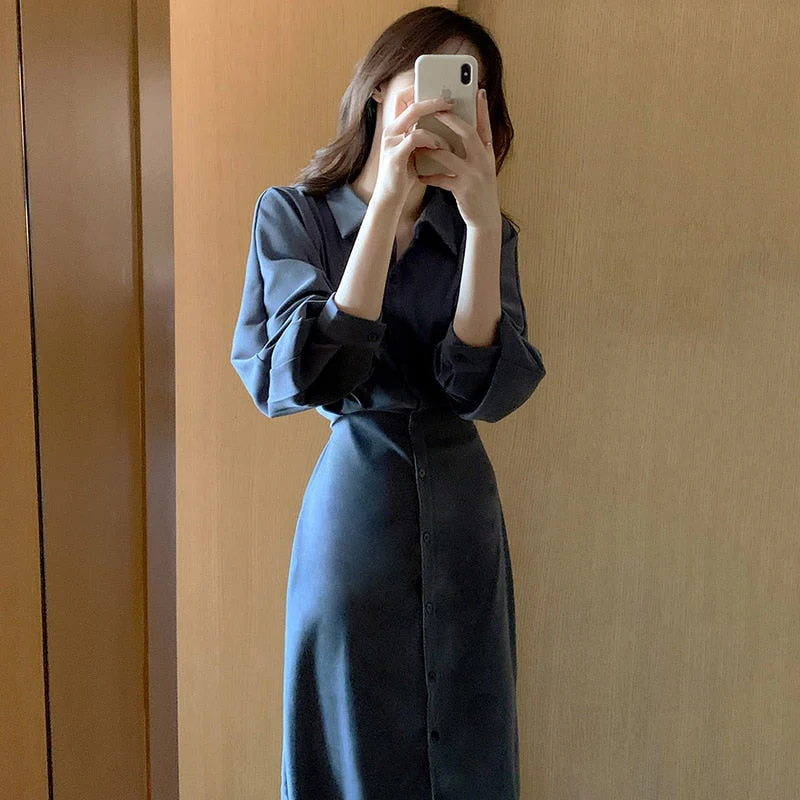 Hulianfu Vintage Evening Shirt Dresses for Women Party Fashion High Waist Korean Lace Up Long Woman Dress Elegant Autumn 2026  Vestidos - Deanwangkt