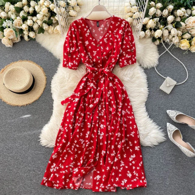 beach Red elegant sexy Dress women Summer Autumn V-neck polka dot midi dress waist split dress vestidos de fiesta clothes - Deanwangkt