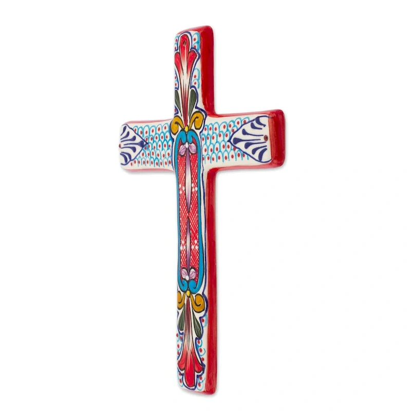 NOVICA Ceramic wall cross, 'Red Lily'