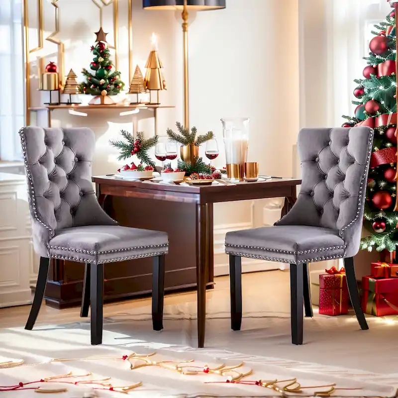 Velvet Dining Chairs Set of 2, Upholstered High-end Tufted Dining Room Chair with Nailhead Back Ring Pull Trim Solid Wood Legs