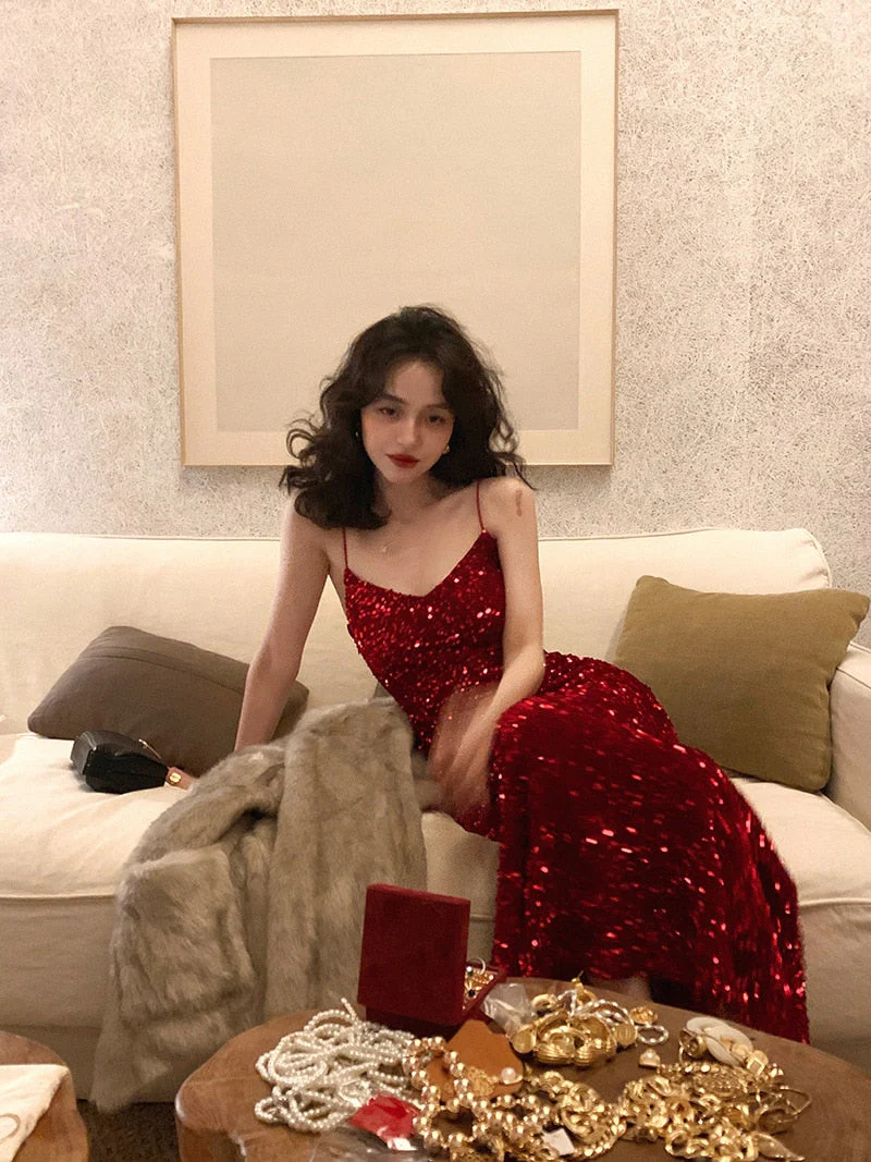 Hulianfu Maxi Long Sequin Dress Sexy Red Glitter Bodycon Wedding Guest Birthday Party Dresses Elegant Occasion Dress for Women - Deanwangkt