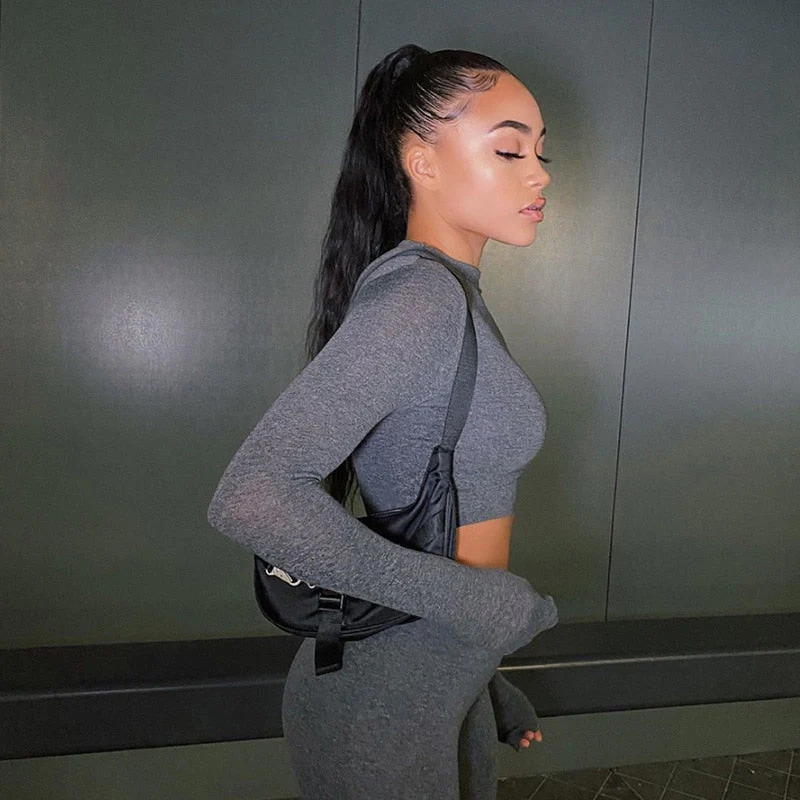 hulianfu Two Piece Sets Women Solid Autumn Tracksuits High Waist Stretchy Sportswear Hot Crop Tops And Leggings Matching Outfits - Deanwangkt