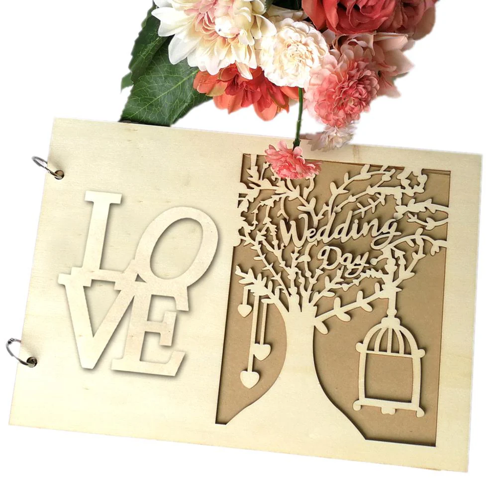 HULIANFU Wedding Guest Book Wooden Heart Hollow Engagement Guestbook Name Sign Board 20 Inside Pages Log Color Good-Looking Appearance - Deanwangkt