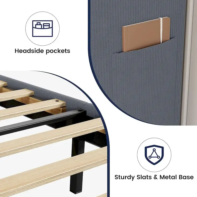 Wooden Bed Frame with Upholstered Headboard